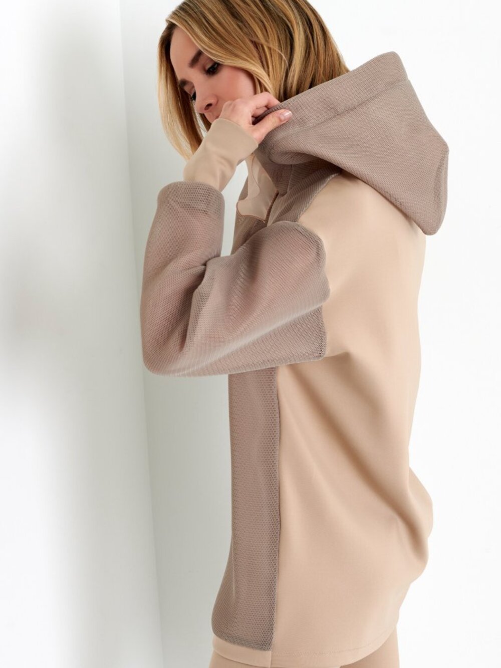 SHAN Sofia Taupe Tan Mesh Front Hooded Sweatshirt Size 8